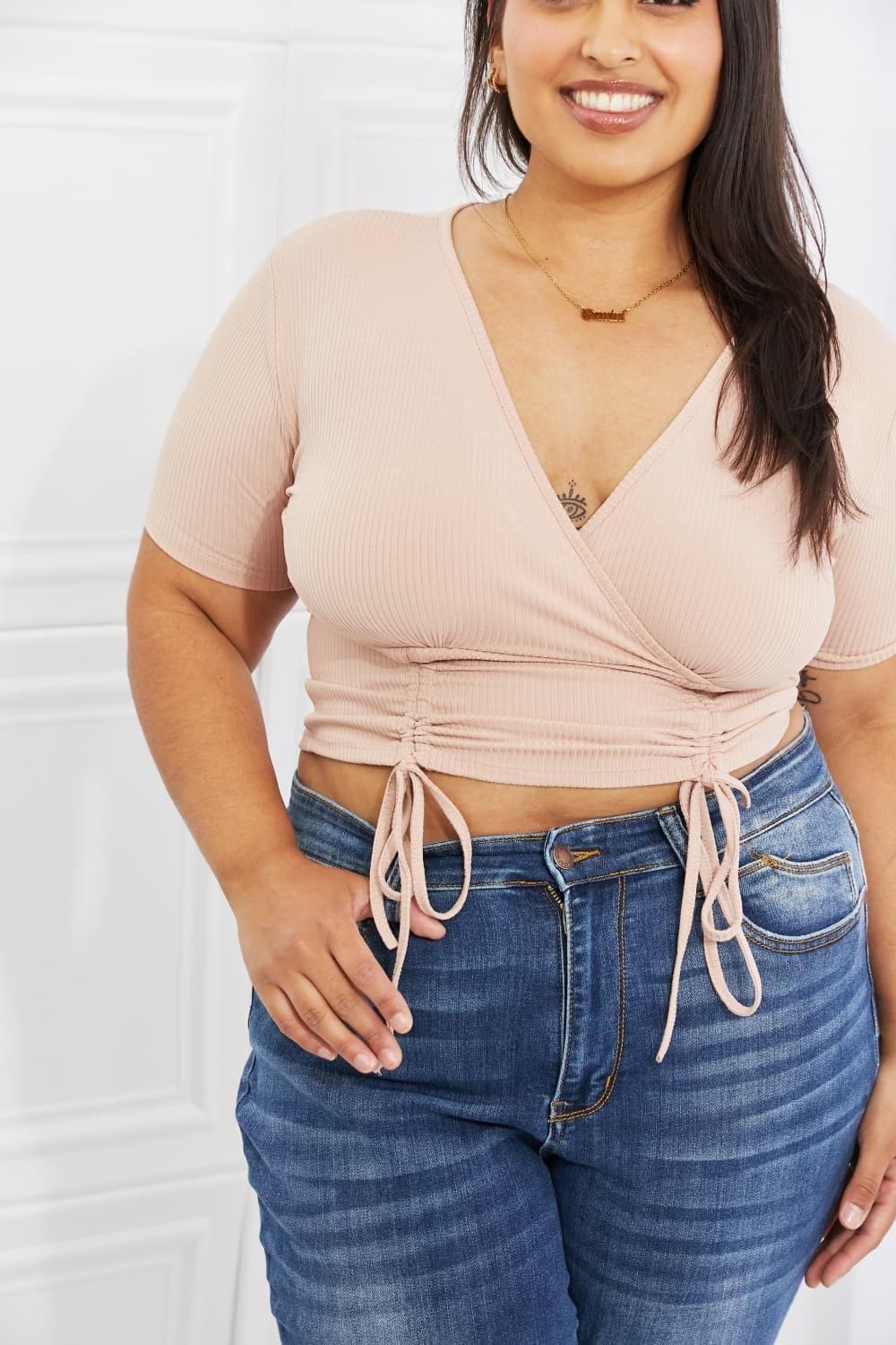 Capella Back To Simple Full Size Ribbed Front Scrunched Top in Blush - SwagglyLife Home & Fashion