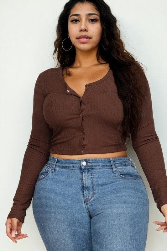 Capella PLUS Long Sleeve Snap Button Down Crop Top - SwagglyLife Home & Fashion