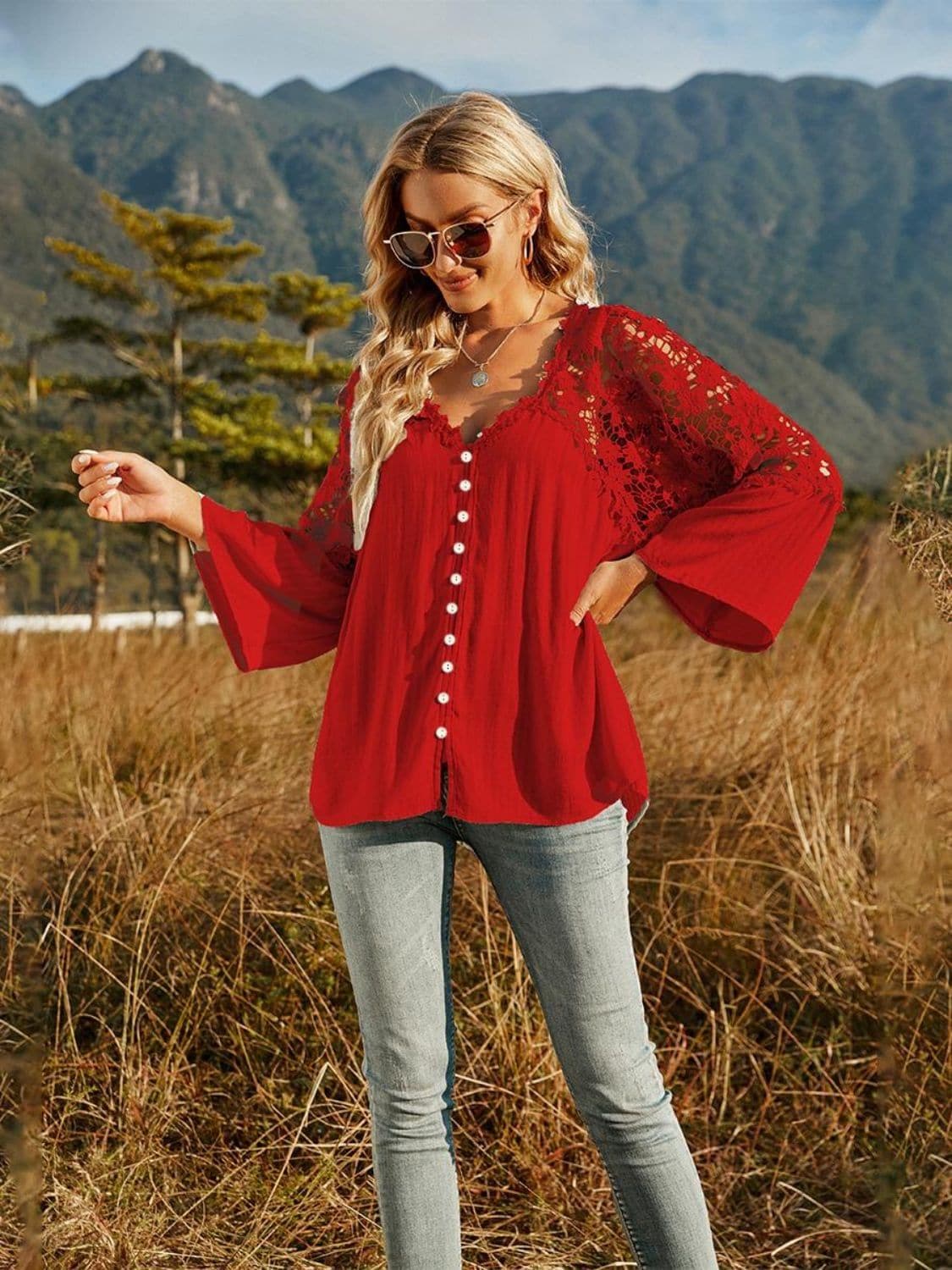 Spliced Lace Buttoned Blouse - SwagglyLife Home & Fashion