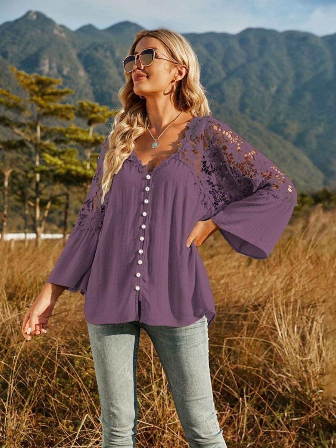 Spliced Lace Buttoned Blouse - SwagglyLife Home & Fashion