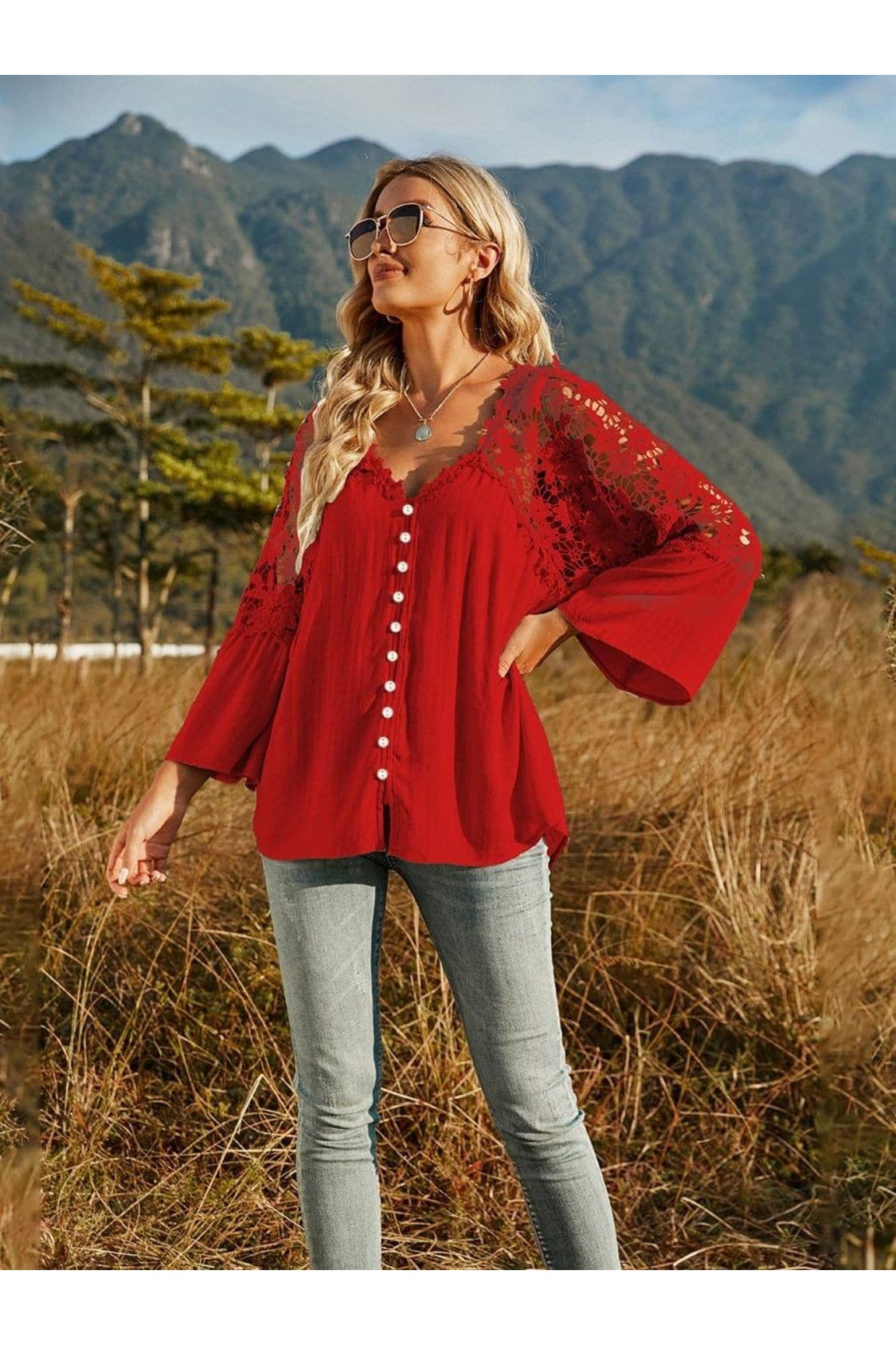 Spliced Lace Buttoned Blouse - SwagglyLife Home & Fashion