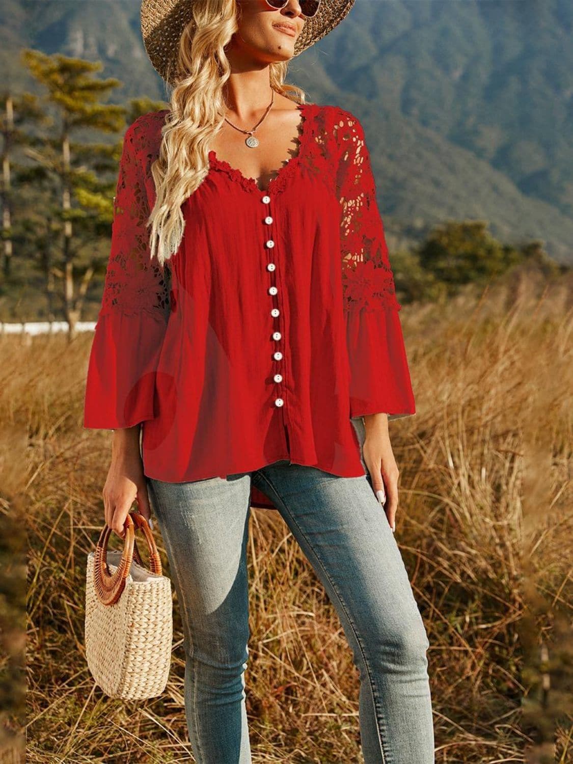 Spliced Lace Buttoned Blouse - SwagglyLife Home & Fashion