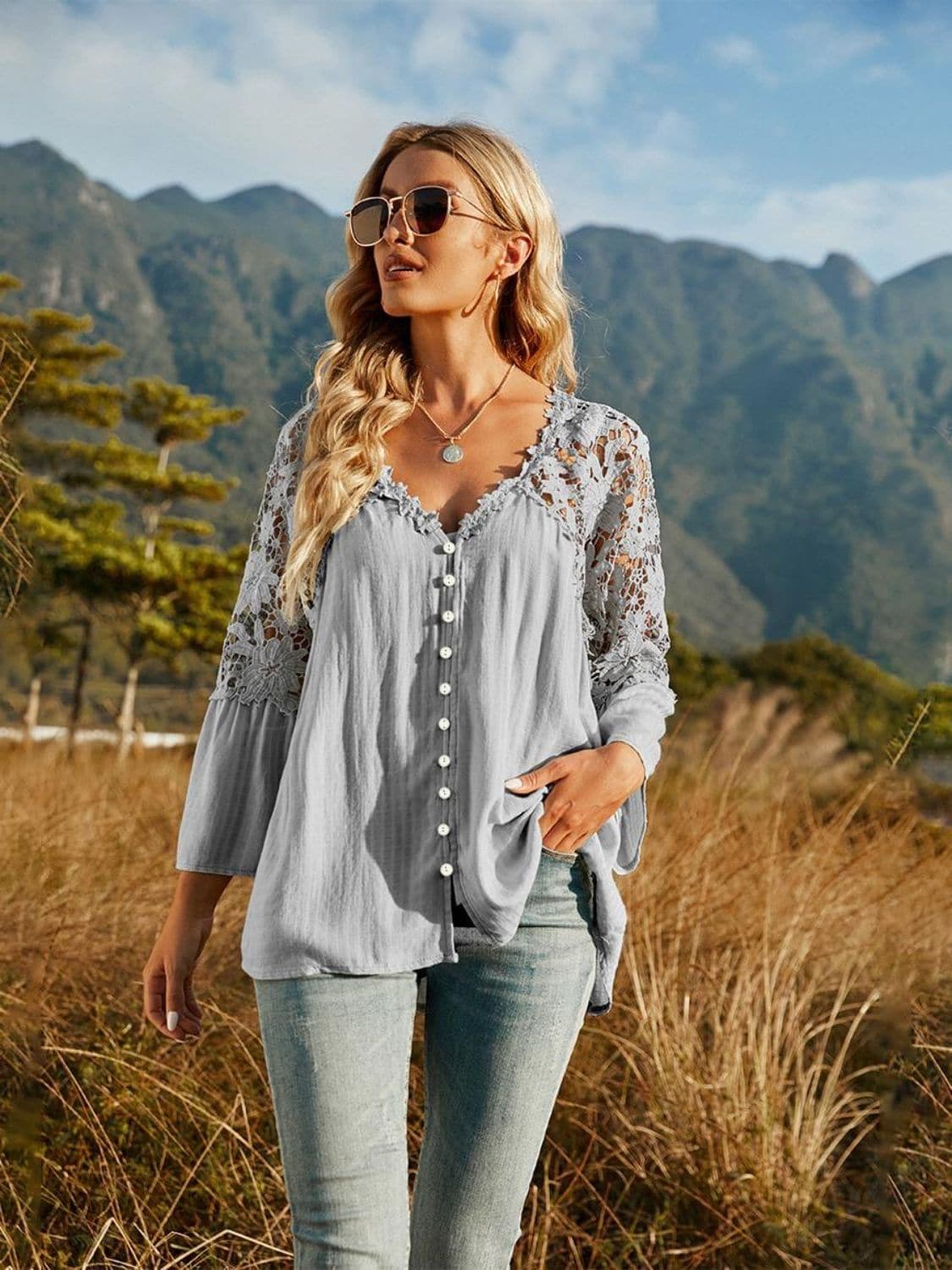 Spliced Lace Buttoned Blouse - SwagglyLife Home & Fashion
