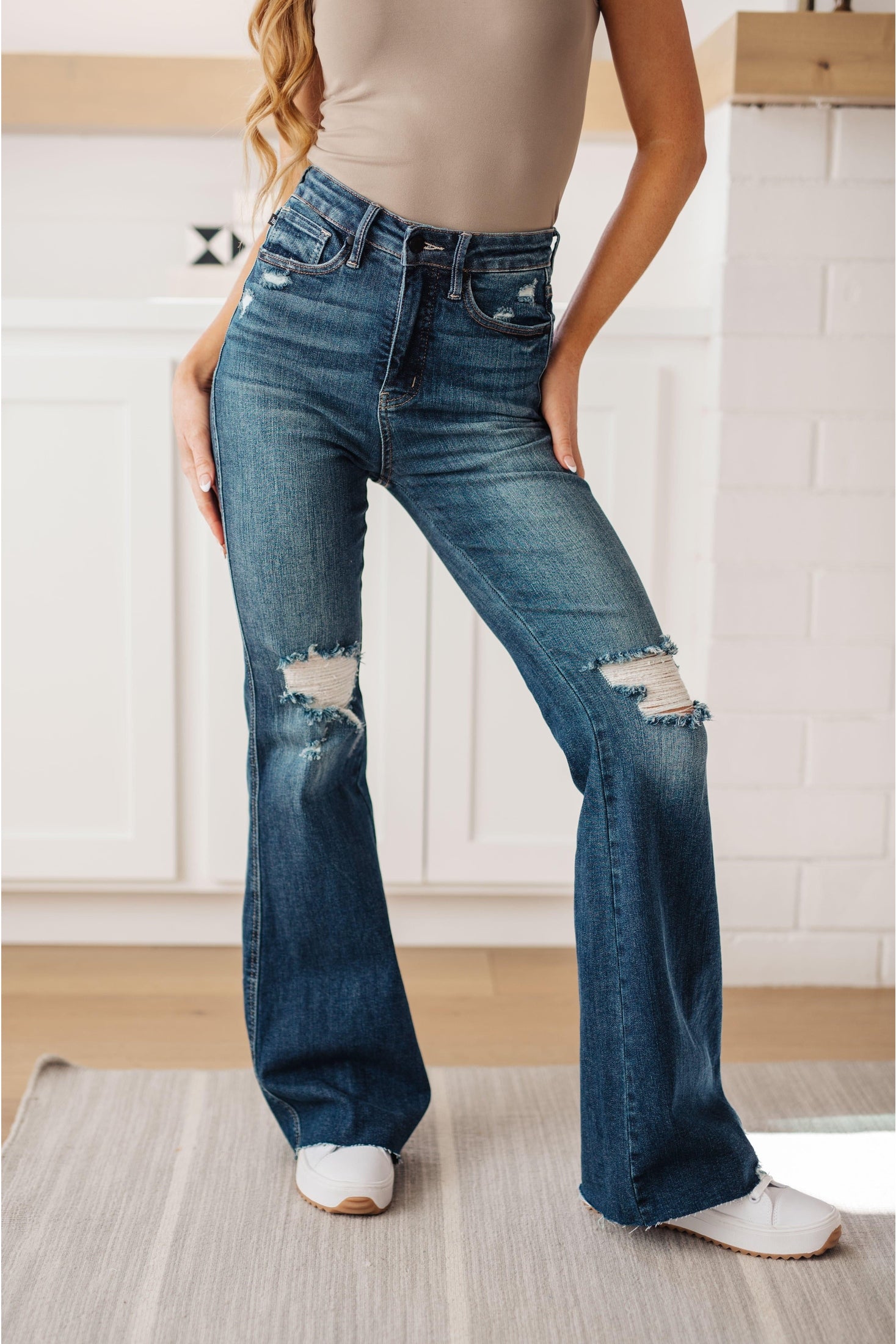 Cassandra High Rise Control Top Distressed Flare Jeans - SwagglyLife Home & Fashion