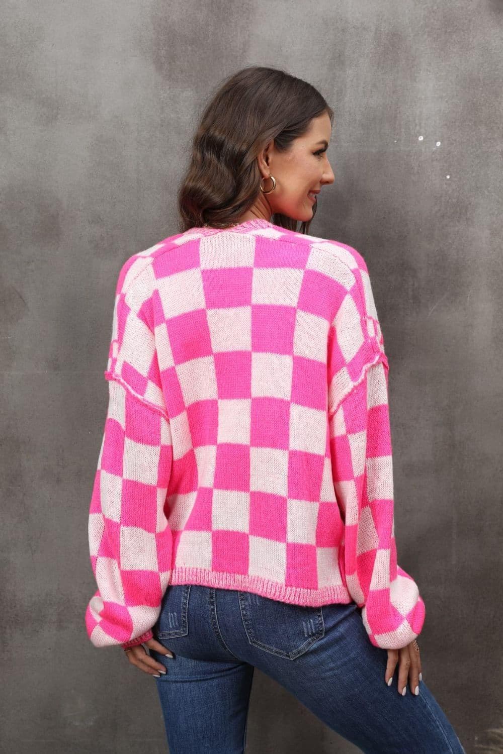 Checkered Open Front Drop Shoulder Cardigan - SwagglyLife Home & Fashion