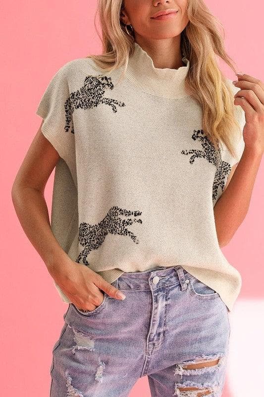 Cheetah Mock Neck Short Sleeve Knit Sweater - SwagglyLife Home & Fashion