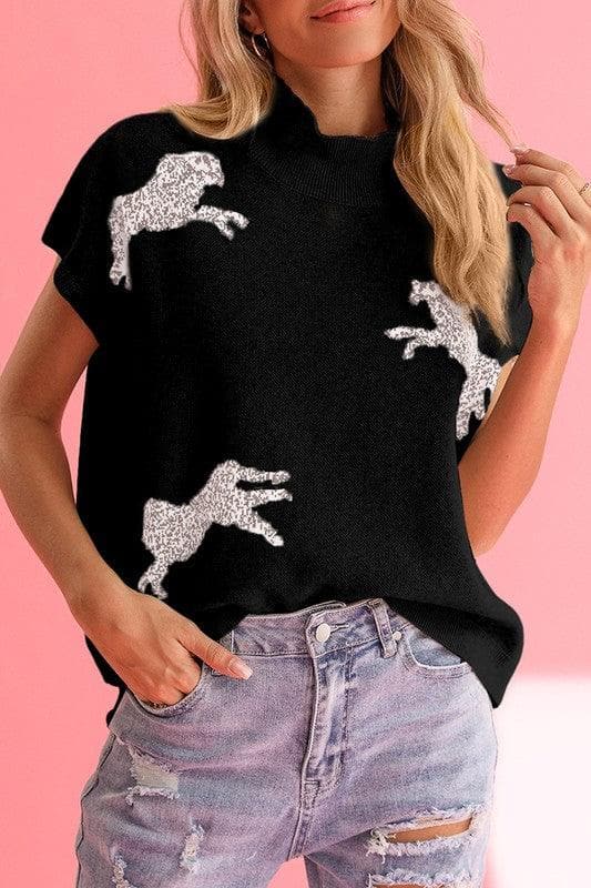 Cheetah Mock Neck Short Sleeve Knit Sweater - SwagglyLife Home & Fashion