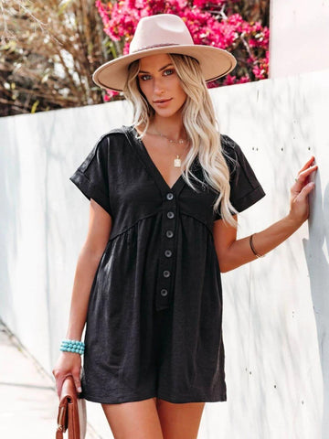 Christie Exposed Seam V-Neck Short Sleeve Romper - SwagglyLife Home & Fashion