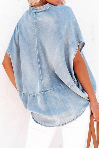 Christie Notched Short Sleeve Denim Top - SwagglyLife Home & Fashion