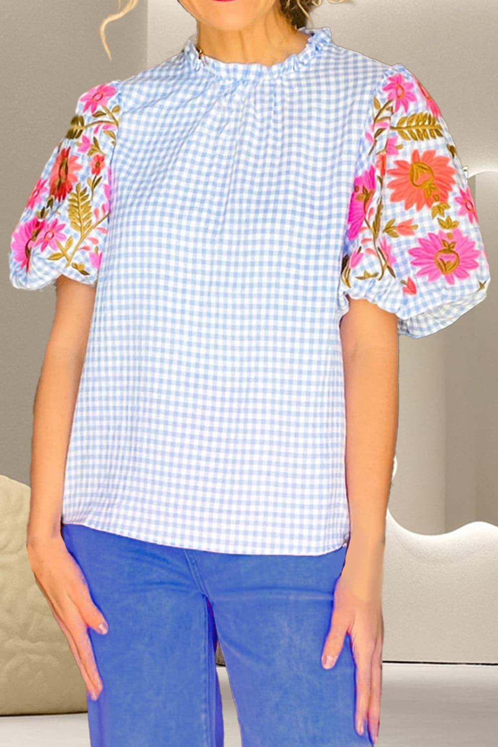 Claire Embroidered Plaid Round Neck Short Sleeve Blouse - SwagglyLife Home & Fashion