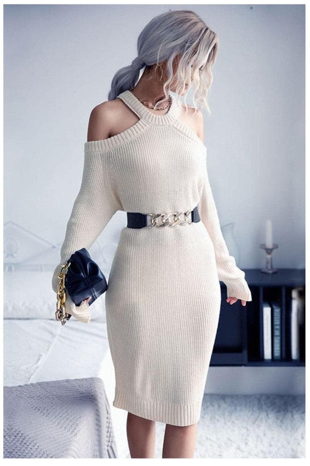 Cold Shoulder Rib-Knit Sweater Dress - SwagglyLife Home & Fashion