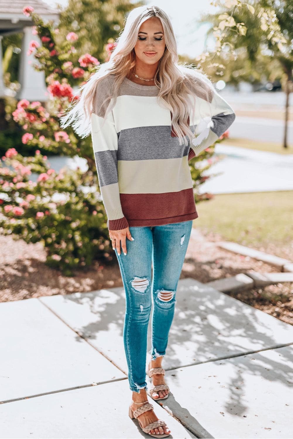 Color Block Drop Shoulder Round Neck Sweater - SwagglyLife Home & Fashion