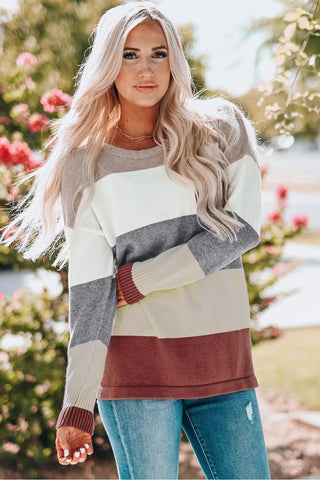 Color Block Drop Shoulder Round Neck Sweater - SwagglyLife Home & Fashion