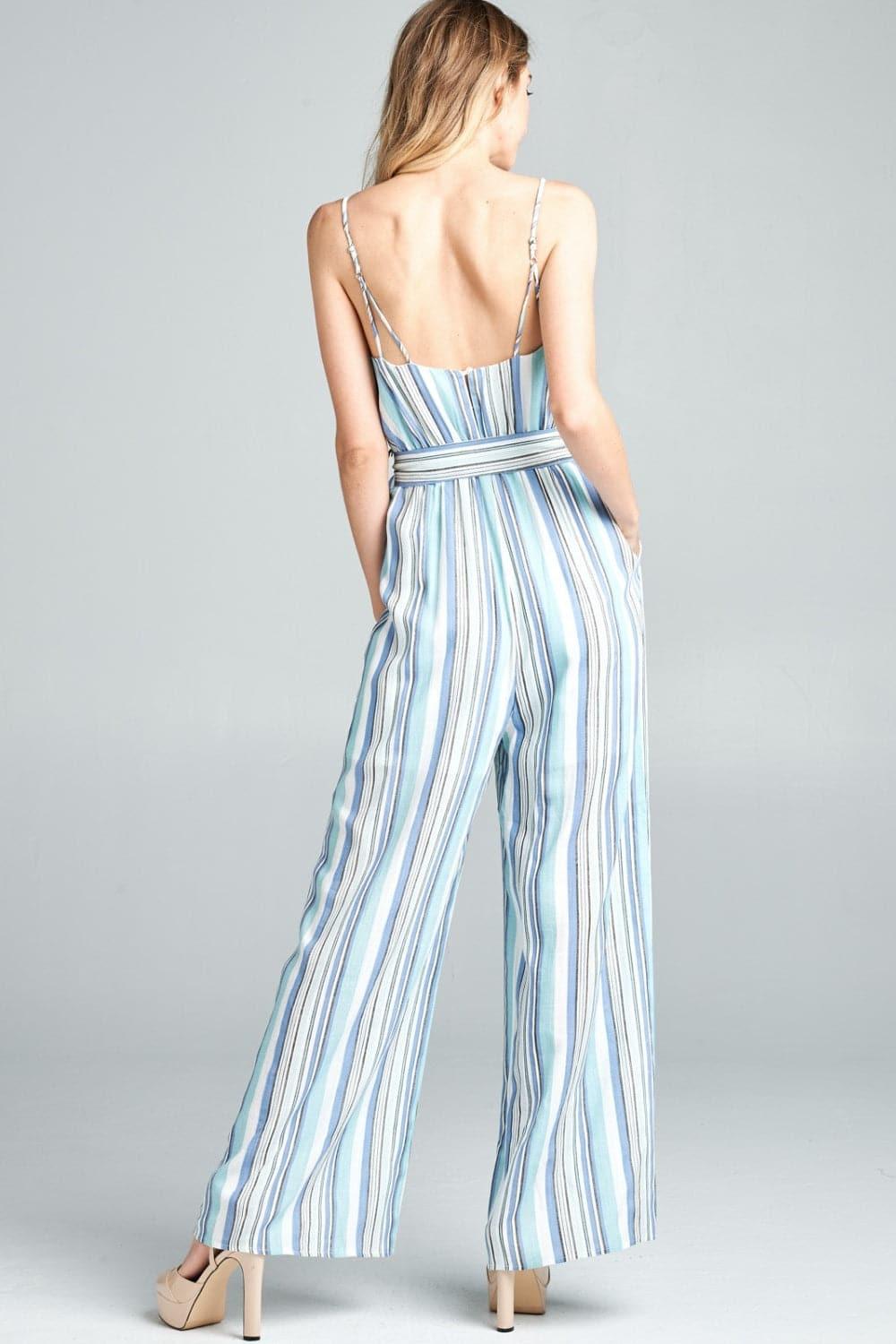 Cotton Bleu by Nu Label Tie Front Striped Sleeveless Jumpsuit - SwagglyLife Home & Fashion