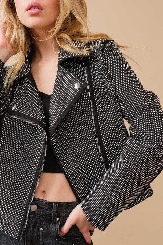 Crystal Studded Stretch Zip Up Moto Jacket - SwagglyLife Home & Fashion