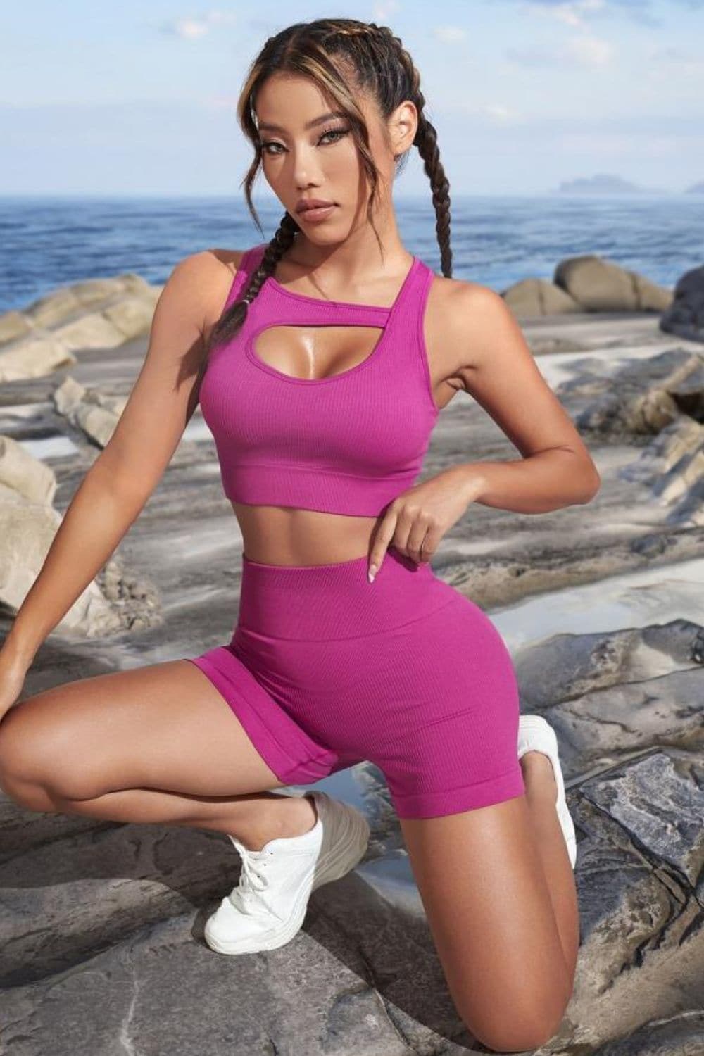 Cutout Crop Top and Sports Shorts Set, Fuchsia - SwagglyLife Home & Fashion