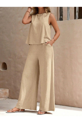 Camille Round Neck Sleeveless Top and Wide Leg Pants Set