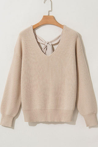 Tied Back V-Neck Long Sleeve Sweater