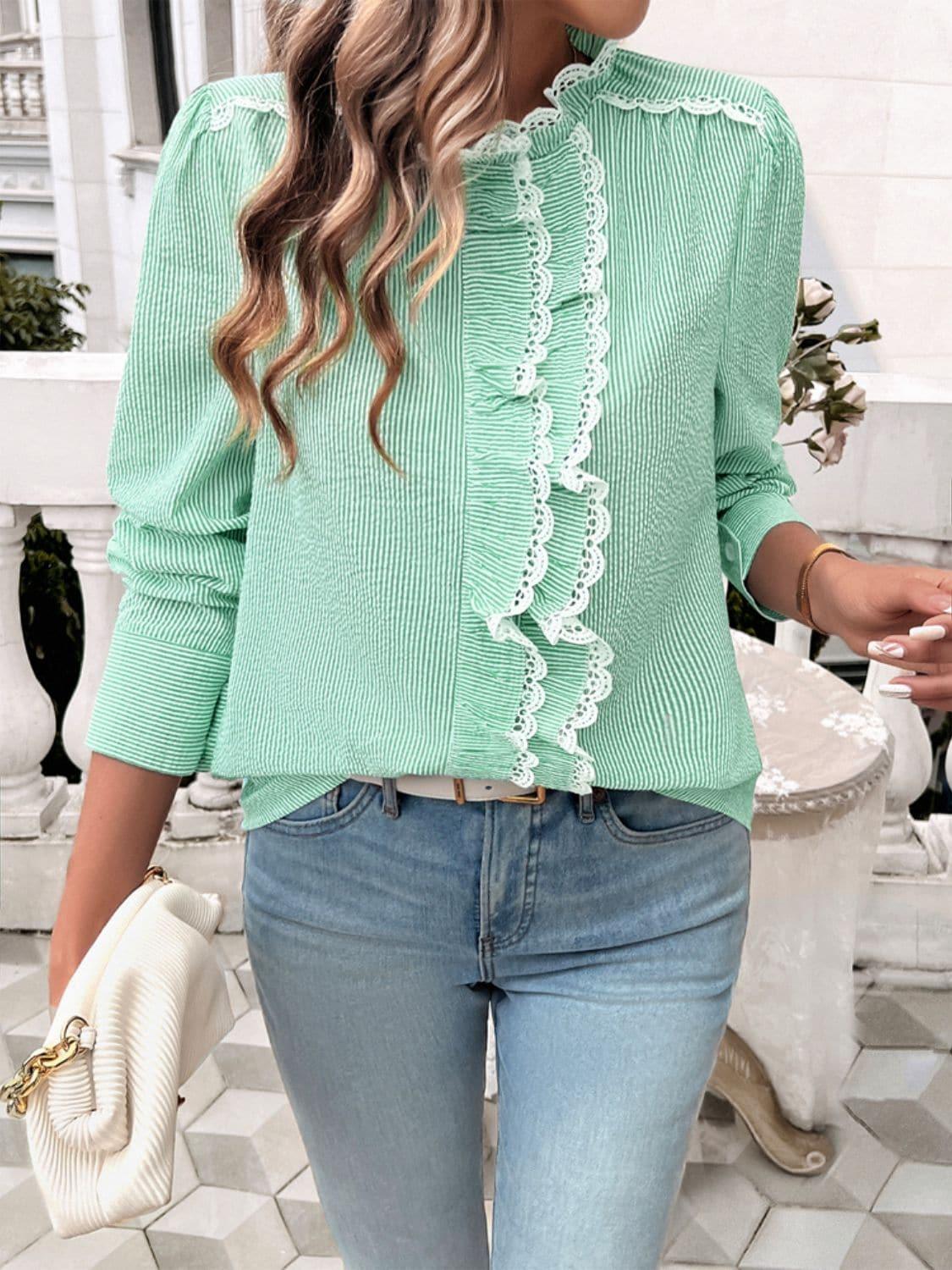 Dakota Lace Detail Ruffled Round Neck Long Sleeve Shirt