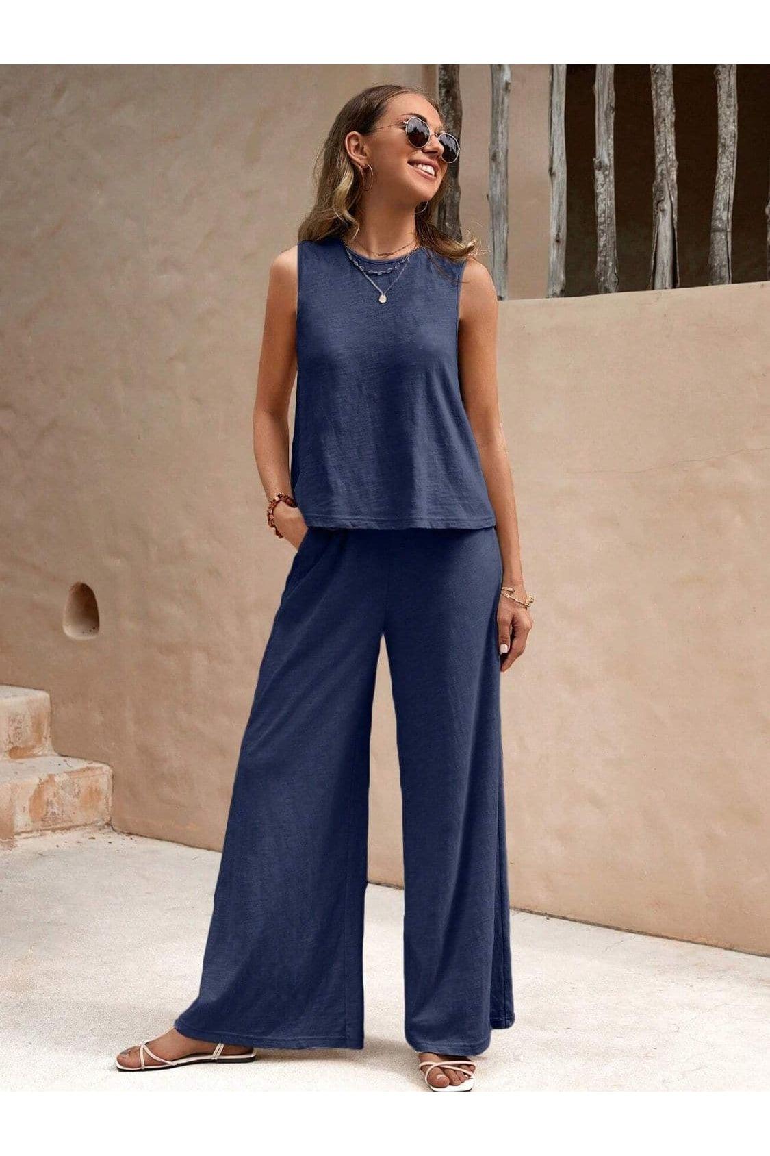 Camille Round Neck Sleeveless Top and Wide Leg Pants Set