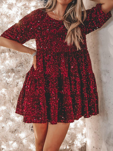 Andrea Full Size Sequin Round Neck Half Sleeve Mini Dress