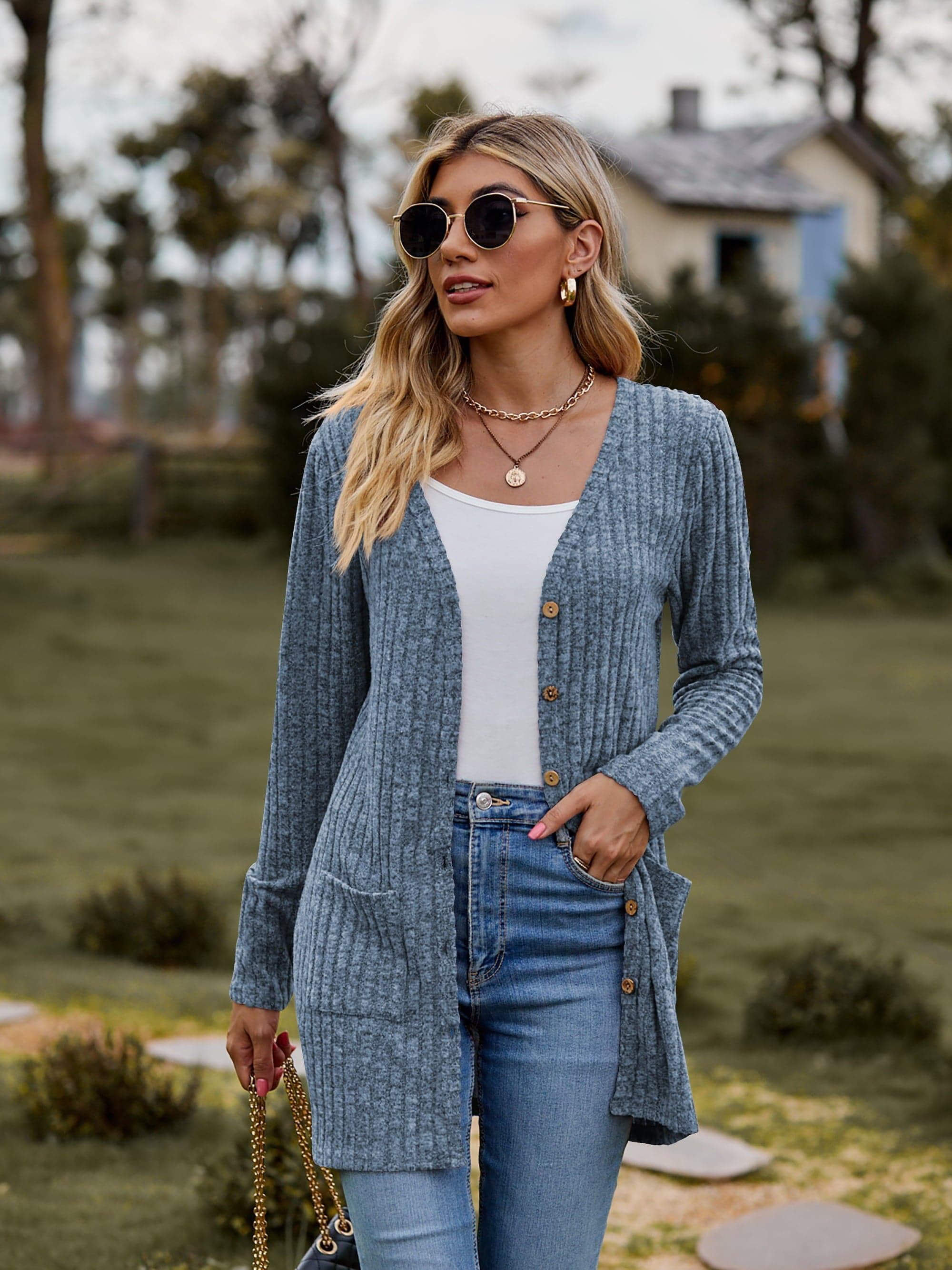 Ribbed Button-UP Cardigan with Pockets, Multiple Colors - SwagglyLife Home & Fashion