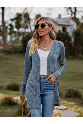 Ribbed Button-UP Cardigan with Pockets, Multiple Colors - SwagglyLife Home & Fashion