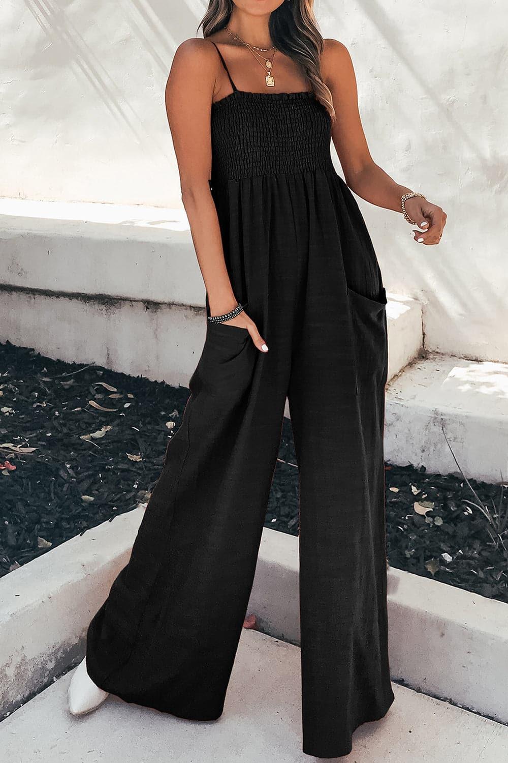 Dana Smocked Spaghetti Strap Wide Leg Jumpsuit - SwagglyLife Home & Fashion