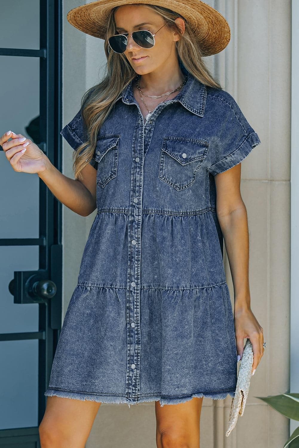 Button Front Raw Hem Denim Dress, Multiple Colors - SwagglyLife Home & Fashion