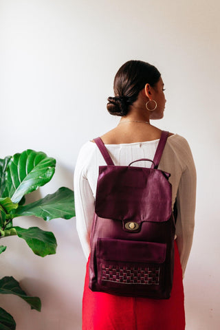 DAPH Magenta Leather Backpack with Woven Accent on Front Pocket - SwagglyLife Home & Fashion