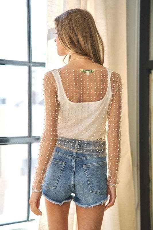 DAVI & DANI Bead and Pearl Embellished Long Sleeves Mesh Top - SwagglyLife Home & Fashion