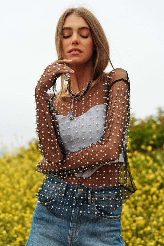 DAVI & DANI Bead and Pearl Embellished Long Sleeves Mesh Top - SwagglyLife Home & Fashion