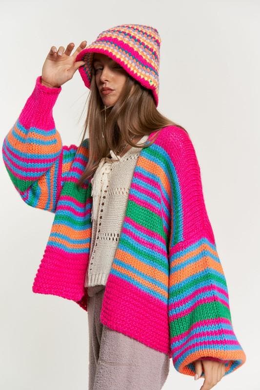 DAVI & DANI Chunky Knit Multi-Striped Open Sweater Cardigan - SwagglyLife Home & Fashion