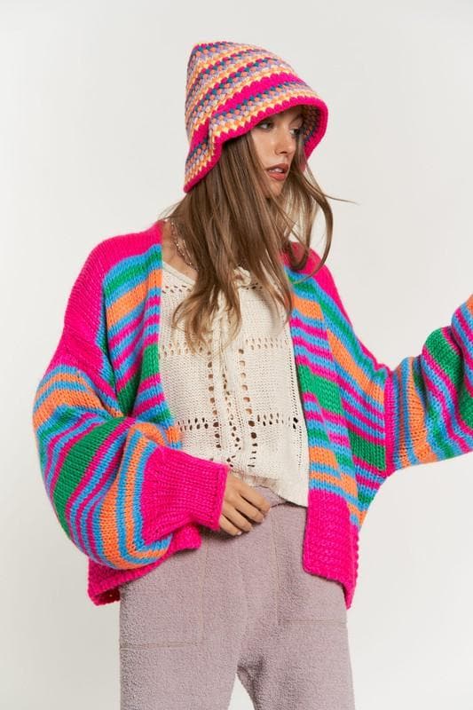 DAVI & DANI Chunky Knit Multi-Striped Open Sweater Cardigan - SwagglyLife Home & Fashion