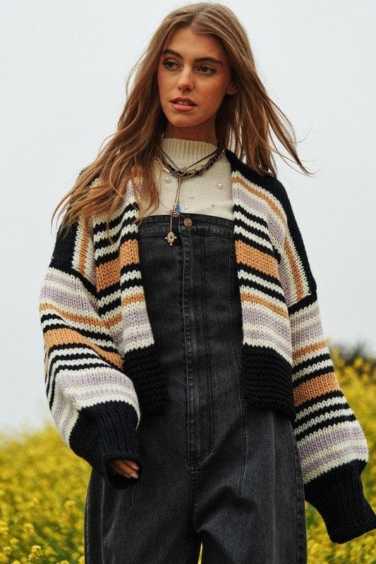 DAVI & DANI Chunky Knit Multi-Striped Open Sweater Cardigan - SwagglyLife Home & Fashion