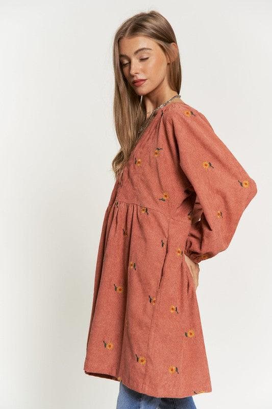 DAVI & DANI Corduroy Fabric Quilted Bib Henley-Style Mini Dress, 2 Colors - SwagglyLife Home & Fashion