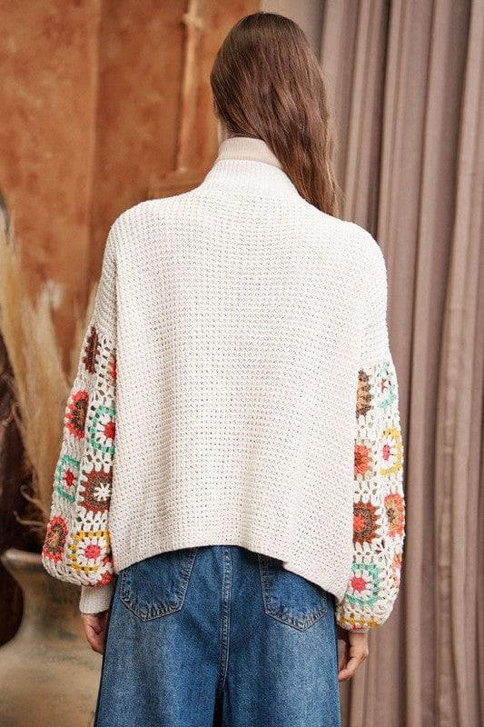 DAVI & DANI Crochet Floral Printed Long Sleeve Knit Cardigan - SwagglyLife Home & Fashion