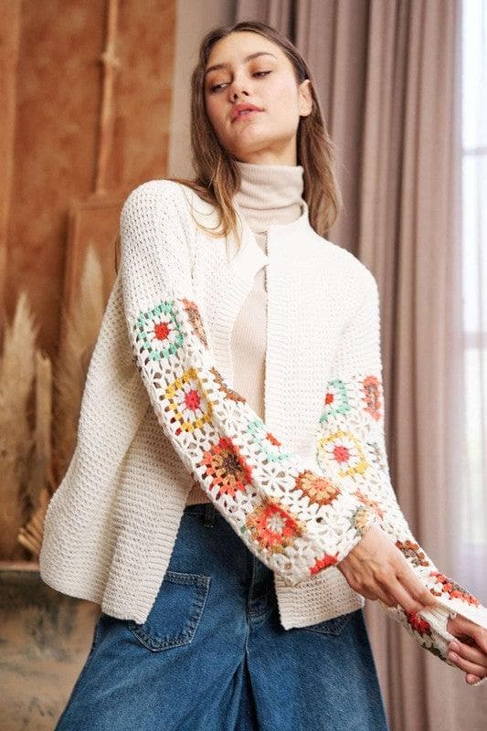 DAVI & DANI Crochet Floral Printed Long Sleeve Knit Cardigan - SwagglyLife Home & Fashion