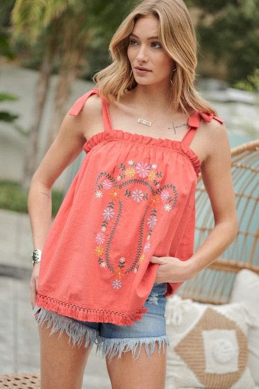 DAVI & DANI Embroidered Sleeveless Ruffle Tank Top - SwagglyLife Home & Fashion