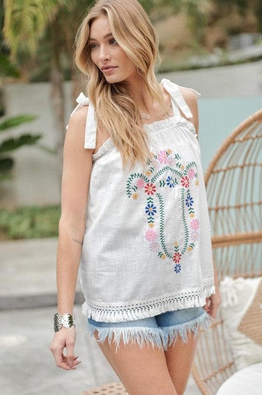 DAVI & DANI Embroidered Sleeveless Ruffle Tank Top - SwagglyLife Home & Fashion