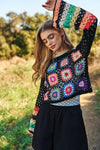 Floral Crochet Striped Sleeve Cropped Knit Sweater - SwagglyLife Home & Fashion