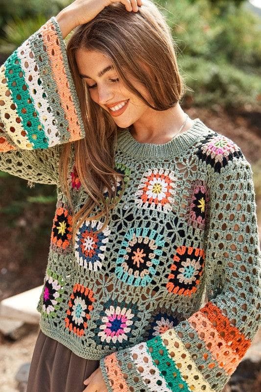 Floral Crochet Striped Sleeve Cropped Knit Sweater - SwagglyLife Home & Fashion