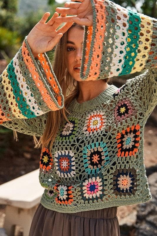 Floral Crochet Striped Sleeve Cropped Knit Sweater - SwagglyLife Home & Fashion