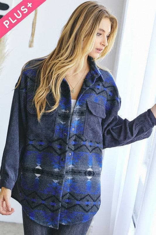 DAVI & DANI Plus Printed Button Down Long Sleeve Jacket - SwagglyLife Home & Fashion