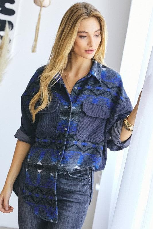 DAVI & DANI Plus Printed Button Down Long Sleeve Jacket - SwagglyLife Home & Fashion