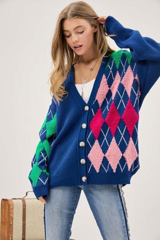 DAVI & DANI Plush Argyle Button Front Loose Fit Knit Cardigan, 2 Colors - SwagglyLife Home & Fashion