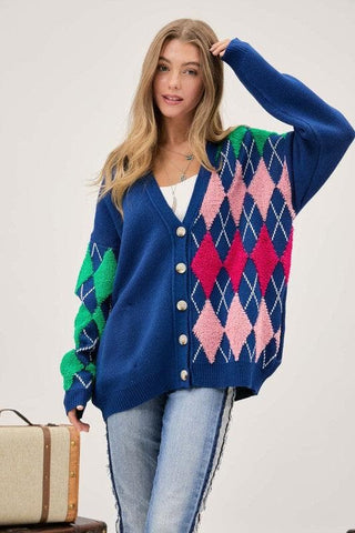 DAVI & DANI Plush Argyle Button Front Loose Fit Knit Cardigan, 2 Colors - SwagglyLife Home & Fashion