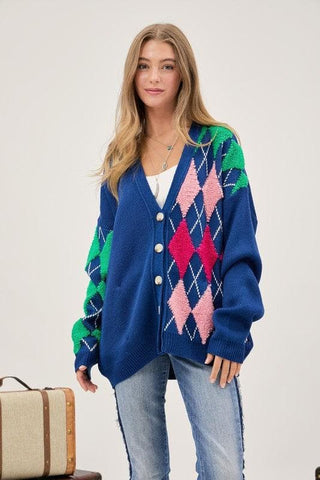 DAVI & DANI Plush Argyle Button Front Loose Fit Knit Cardigan, 2 Colors - SwagglyLife Home & Fashion