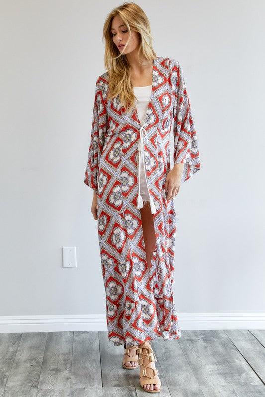 DAVI & DANI Printed Long Sleeve Loose Kimono - SwagglyLife Home & Fashion