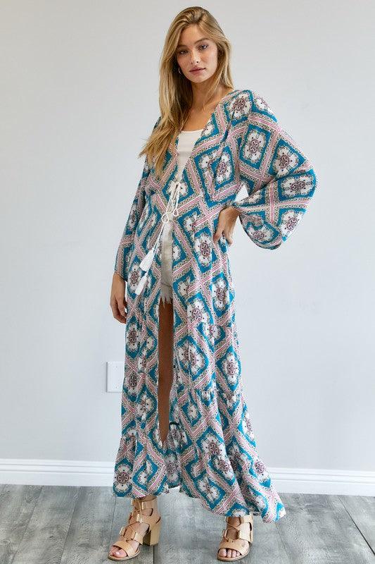 DAVI & DANI Printed Long Sleeve Loose Kimono - SwagglyLife Home & Fashion